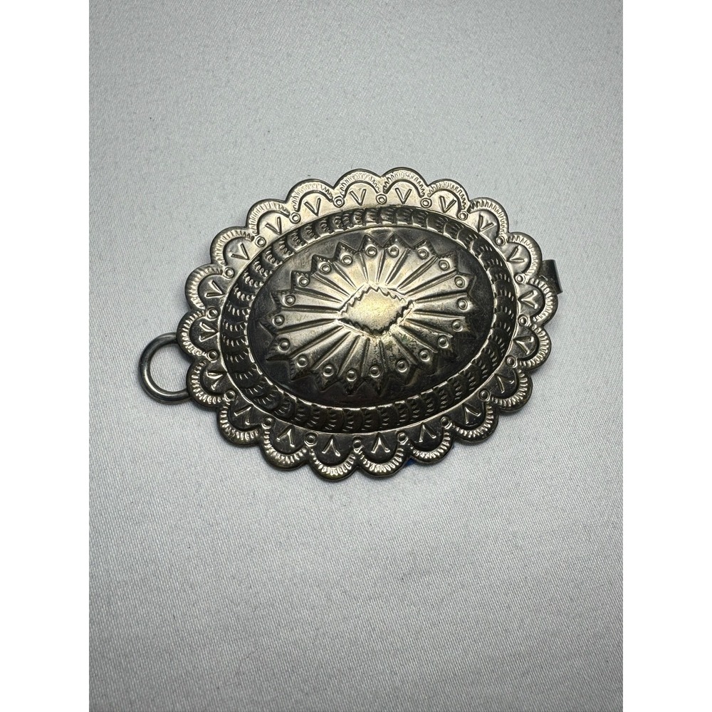 Vintage Western Stamped Metal Concho Slide Oval Sunburst Scalloped Scarf Bolo